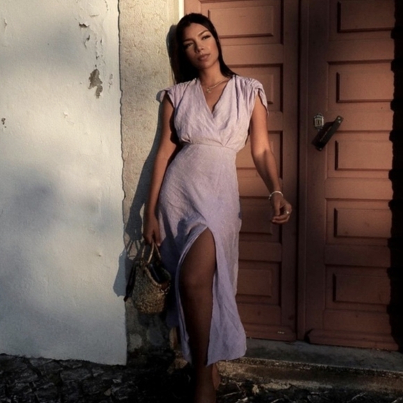 Zara Blogger Fave Lilac Textured Weave Polka Dot Draped Midi Dress NWOT - Picture 7 of 16